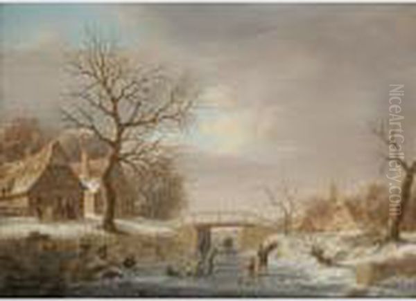 A Winter Landscape With Skaters On A Frozen River Running Through A Small Hamlet Oil Painting by Andries Vermeulen