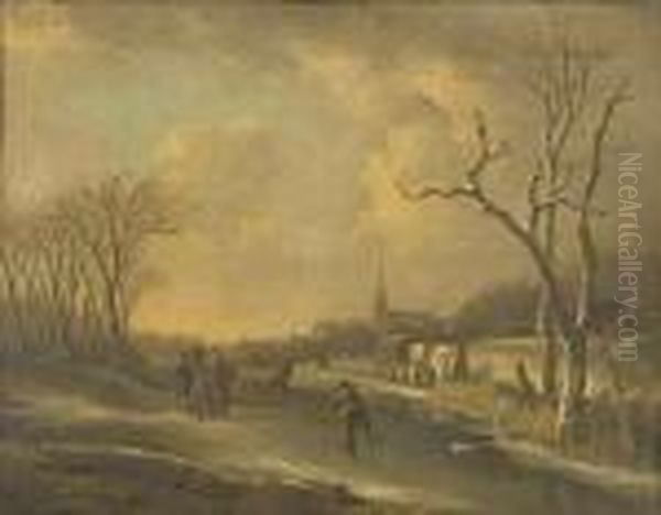 A Winter Landscape With Skaters On A Frozen Lake. Oil Painting by Andries Vermeulen