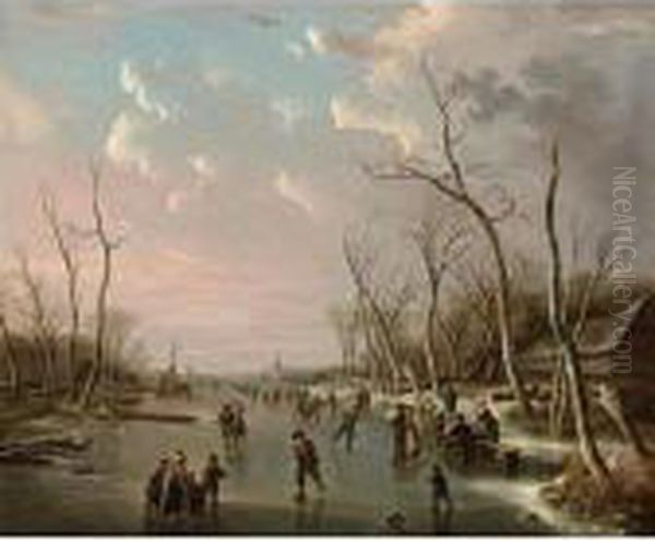 An Extensive Winter Landscape With Skaters On A Frozen River, A View Of A Town Beyond Oil Painting by Andries Vermeulen