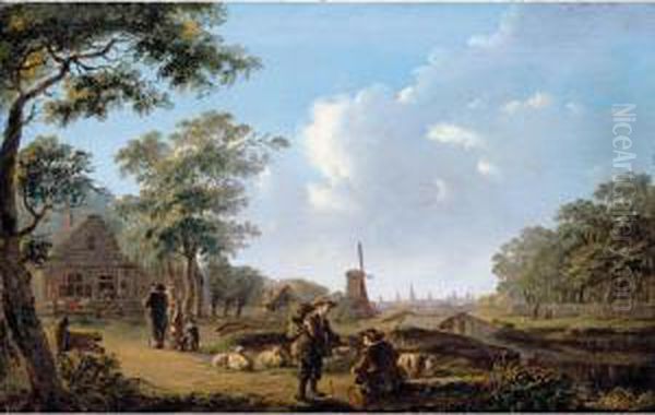 A Village Landscape With A Shepherd Conversing With A Traveller, A City Beyond Oil Painting by Andries Vermeulen