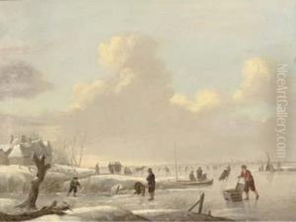 A Winter Landscape With Skaters On A Frozen River, A Tent And Atown Beyond Oil Painting by Andries Vermeulen