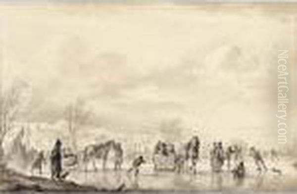 Winter Landscape With Skaters And Horse-drawn Sledges On The Ice, A Village Beyond Oil Painting by Andries Vermeulen