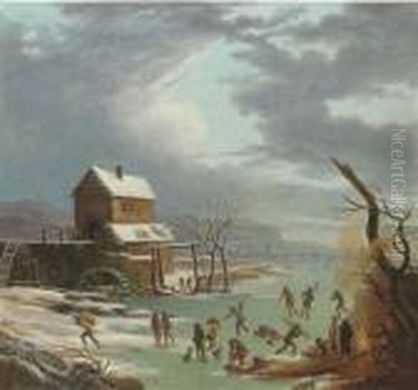 A Winter Landscape With Skaters On A Frozen Canal, A House With A Watermill Nearby Oil Painting by Andries Vermeulen