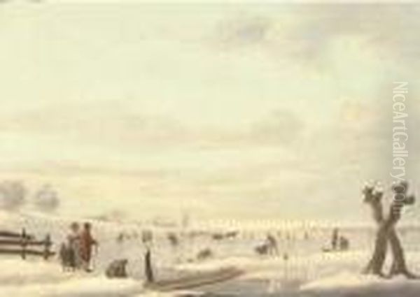 A Winter Landscape With Skaters On A Frozen River, A Windmill And A Town Beyond Oil Painting by Andries Vermeulen