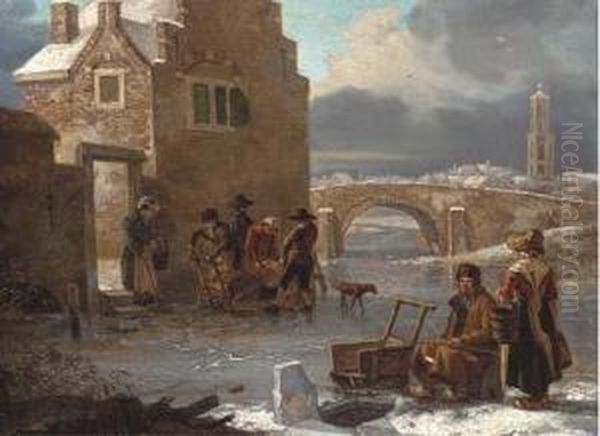 A Winter Landscape With Figures Fishing On A Frozen River Oil Painting by Andries Vermeulen