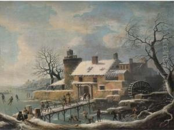 A Winter Landscape With Skaters On Frozen Water And Travellers On Abridge Oil Painting by Andries Vermeulen