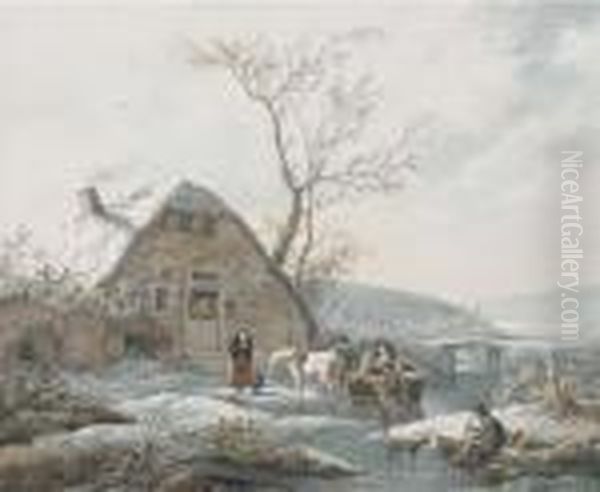 A Winter Landscape Oil Painting by Andries Vermeulen