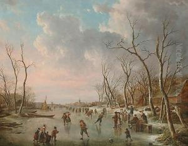 Extensive Landscape With Figures Skating Oil Painting by Andries Vermeulen