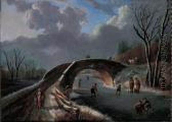 A Winter Landscape With Skaters On A Frozen River Oil Painting by Andries Vermeulen