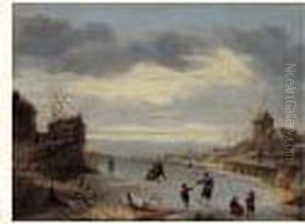 Patineurs Sur Un Lac Gele Oil Painting by Andries Vermeulen