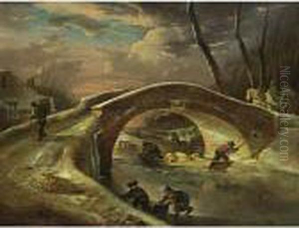 A Winter Landscape With A Horse 
Drawn Cart Going Over A Bridge, Peasants Transporting Pigs Over The 
River, And Children Sledging Oil Painting by Andries Vermeulen