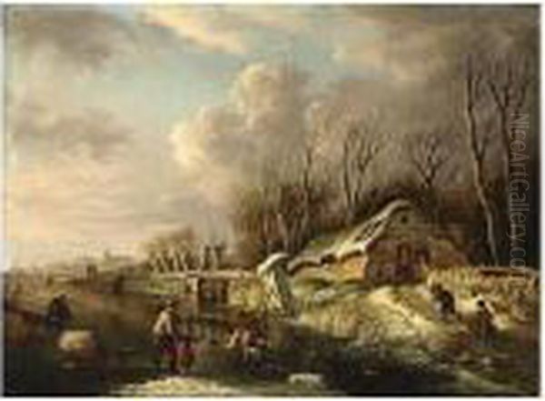 A Winter Scene With Skaters On A River, Two Children Sleigh Riding On A Oil Painting by Andries Vermeulen