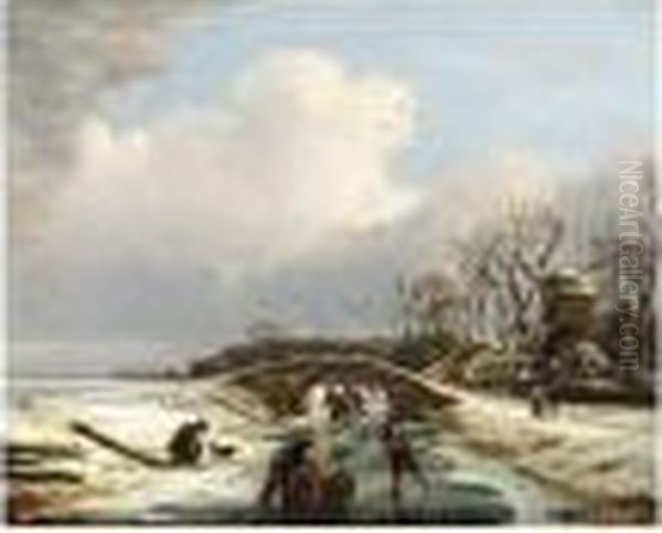 A Winter Landscape With Figures Skating Near A Windmill Oil Painting by Andries Vermeulen