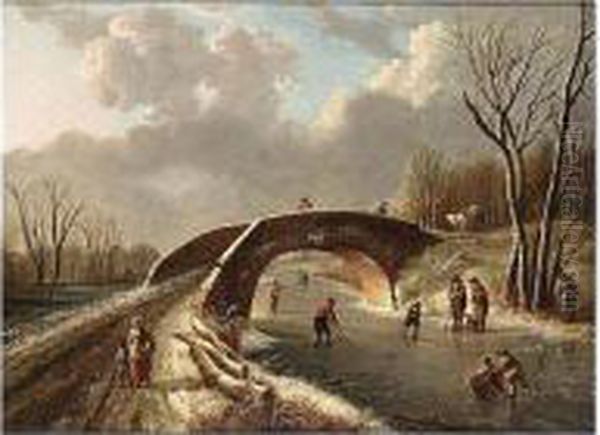 A Winter Landscape With Skaters On A River And Travellers Crossing A Bridge Oil Painting by Andries Vermeulen