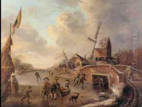 Winter Landscape With Peasants On A Frozen River Oil Painting by Andries Vermeulen