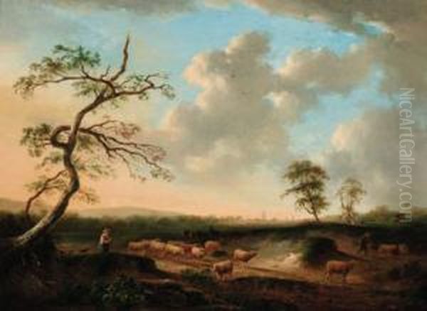 Shepherds With Their Flocks In An Extensive Landscape Oil Painting by Andries Vermeulen