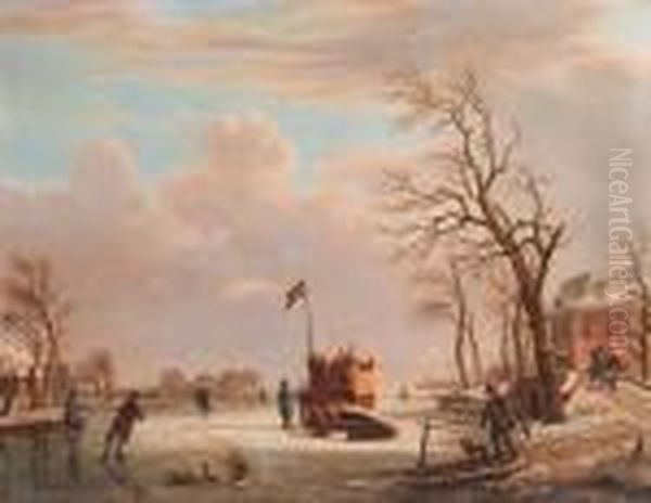 Skaters And Other Townsfolk On A Frozen River By A Countrymansion Oil Painting by Andries Vermeulen