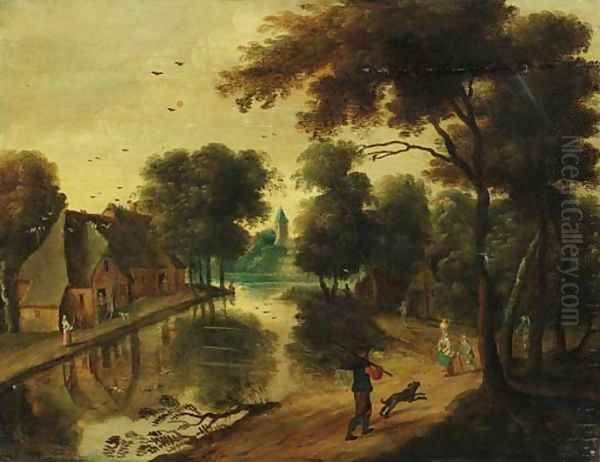 A river landscape with cottages and peasants Oil Painting by Jacques Foucquieres