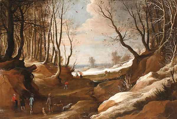 A winter Landscape with Faggot Gatherers and Travellers on a Path Oil Painting by Jacques Foucquieres