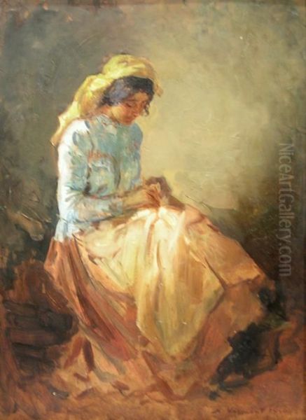 Woman Sewing Oil Painting by Nicolas Vermont