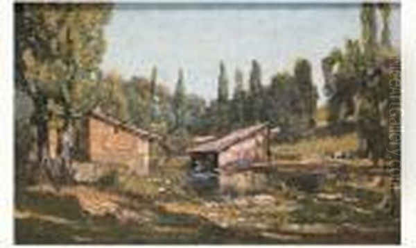 Lavoirs Au Bords De La Riviere Oil Painting by Francois Vernay