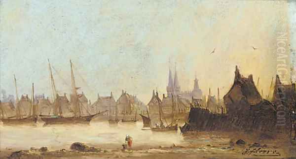 A Normandy harbour Oil Painting by Jules Amedee Louis Fleury