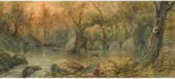 Birds In Flight Over A Forest Pool Oil Painting by Frederick Arthur Verner