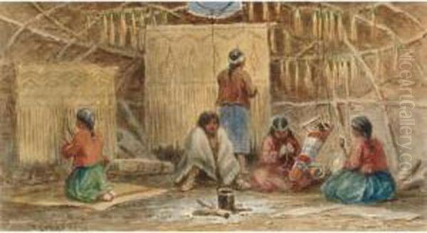 Round Wigwam Interior, On Rainy River, Ontario Oil Painting by Frederick Arthur Verner