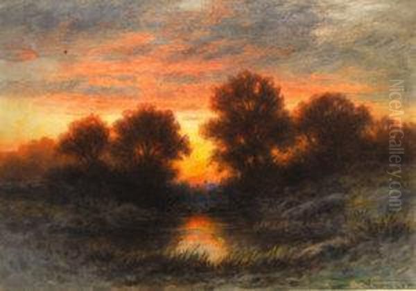 Sunset Over A Pond In Autumn Oil Painting by Frederick Arthur Verner