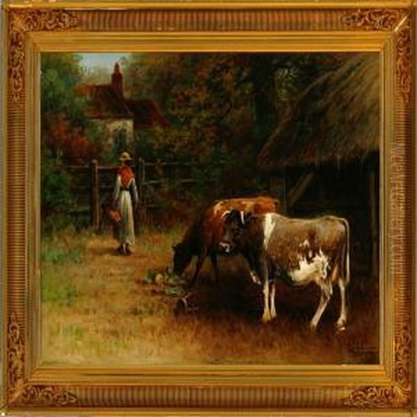 Two Cows At A Cattle Shed Oil Painting by Frederick Arthur Verner