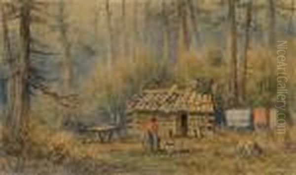 Log Cabin In A Forest Clearing. Oil Painting by Frederick Arthur Verner