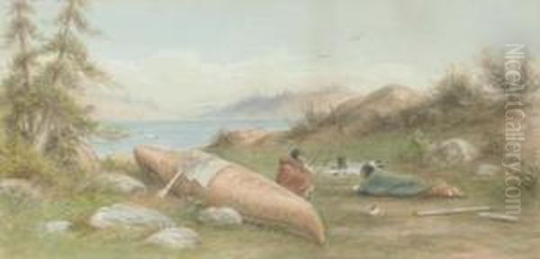 Indian Encampment On The Shore Of A Lake Oil Painting by Frederick Arthur Verner