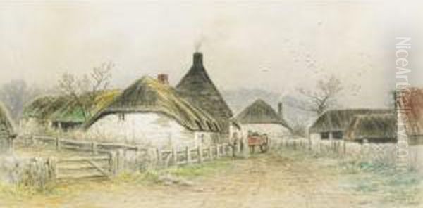 Village With Thatched Roof Cottages Oil Painting by Frederick Arthur Verner