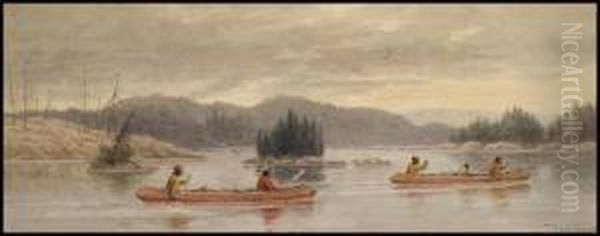 Indians Traveling By Canoe Oil Painting by Frederick Arthur Verner