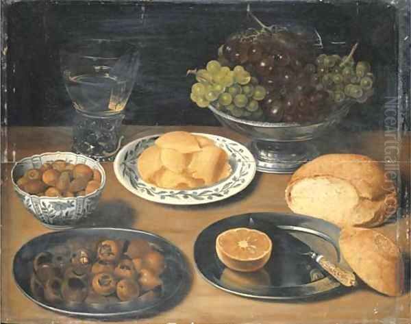 Grapes in a pewter bowl Oil Painting by Georg Flegel