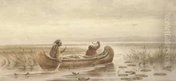 Indians Paddling A Canoe Oil Painting by Frederick Arthur Verner