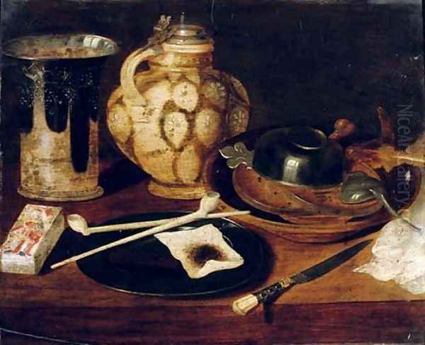 A deck of cards, a pewter plate with pipes and tobacco Oil Painting by Georg Flegel