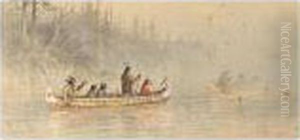 Canoes With Indians On A Lake Oil Painting by Frederick Arthur Verner