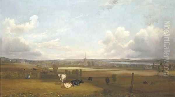 View of Alloa, with cows and figures in the foreground Oil Painting by John Fleming