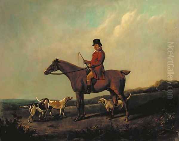 A huntsman on a bay hunter with hounds, in a landscape Oil Painting by John Snr Ferneley