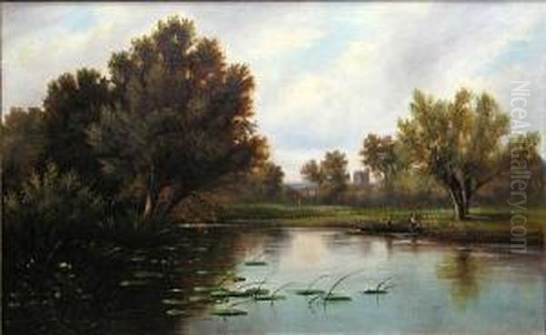 An Extensive River Landscape With Boaters In The Foreground Oil Painting by Emile Vernon