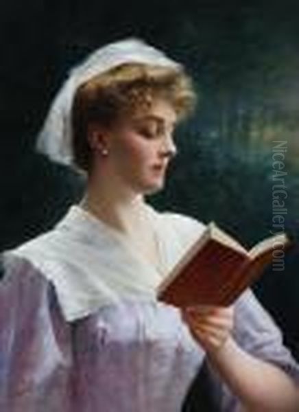 Young Woman Reading A Book Oil Painting by Emile Vernon