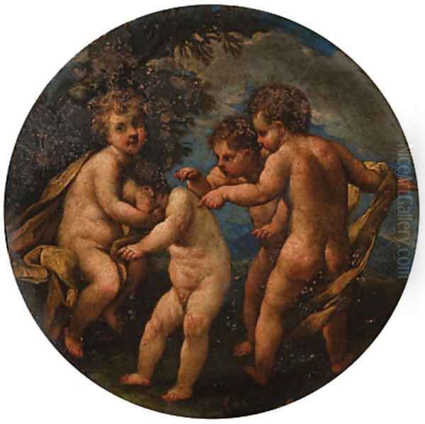 Putti disporting in landscapes Oil Painting by Marcantonio Franceschini