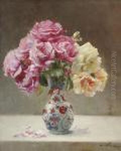 Roses In An Oriental Vase Oil Painting by Emile Vernon