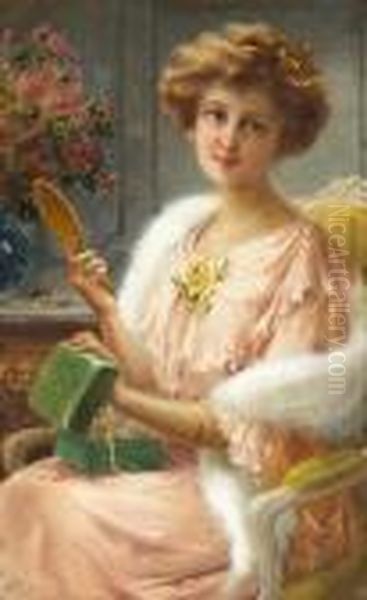 A Young Lady With A Mirror Oil Painting by Emile Vernon