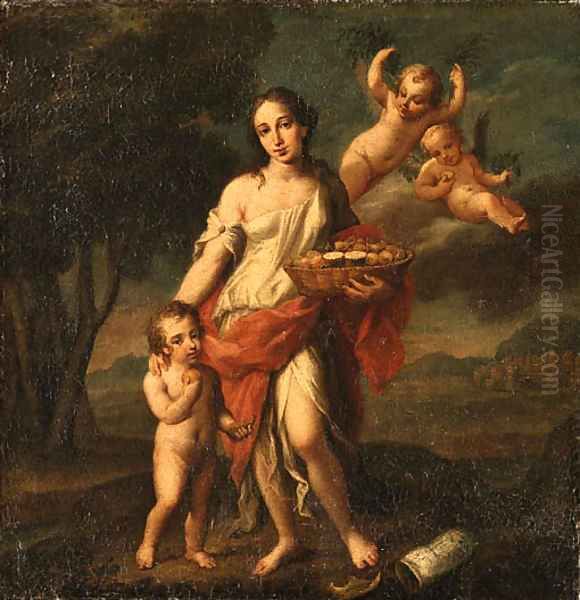 A Woman holding a Basket of Fruit with a Child and Putto Oil Painting by Marcantonio Franceschini