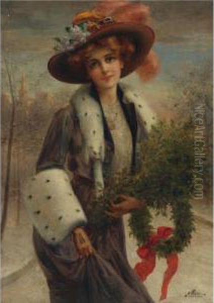 Lady With A Wreath Oil Painting by Emile Vernon