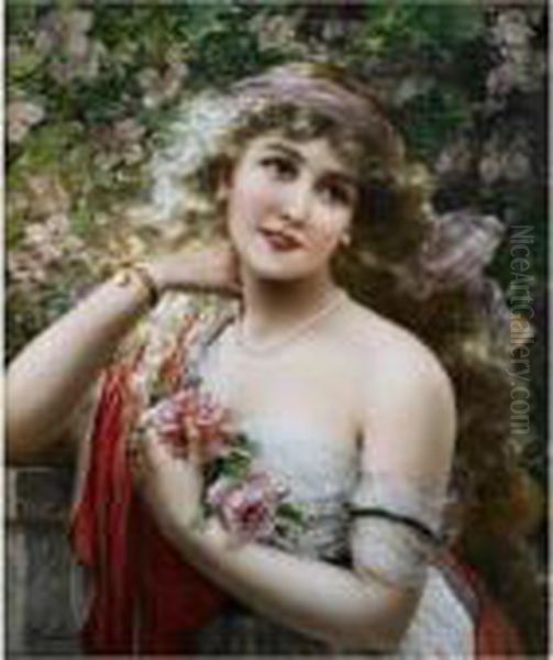 Young Lady With Roses Oil Painting by Emile Vernon