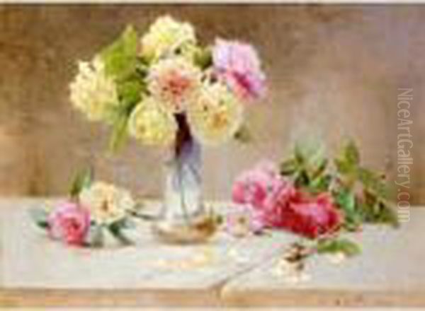 Still Life Of Roses In A Glass Vase Oil Painting by Emile Vernon