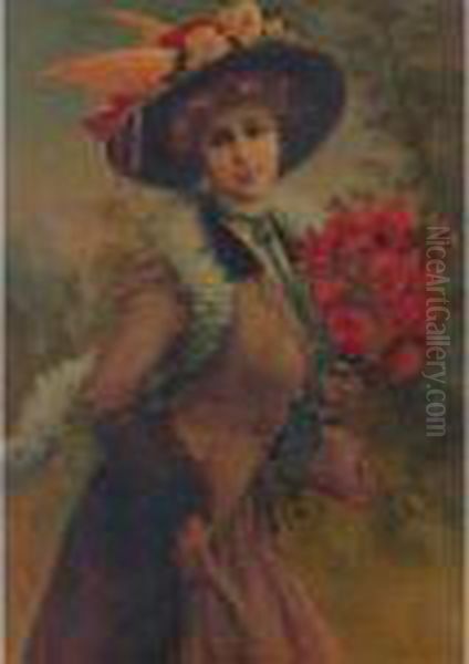 Portrait Of A Lady With A Bouquet Of Roses Oil Painting by Emile Vernon